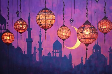 Ornate lanterns hanging before a cityscape with a crescent moon and purple background sky art