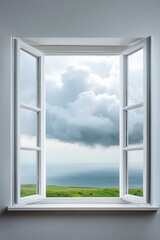 White Window Frame Opening to Scenic Cloudy Landscape View