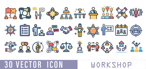 Workshop icon set. Collection of meeting, teamwork, seminar, team building and more. Vector illustration isolated on white. Editable stroke.