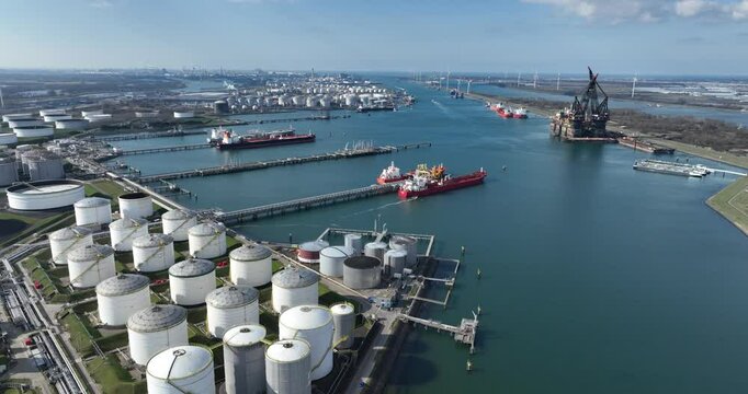 Oil terminal in the Europoort of Rotterdam, Caland canal, petroleum products and shipping. Aerials views.