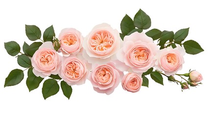 Fototapeta premium Peach Roses and Green Leaves: A Botanical Flat Lay Image AI Generated