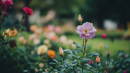 Pink rose blooming in garden, blurred background, nature photography