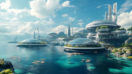 Obraz premium A beautiful solar-powered floating city on the ocean, surrounded by marine life, featuring circular buildings with rooftop gardens and massive wind turbines harnessing energy from the sea breeze.