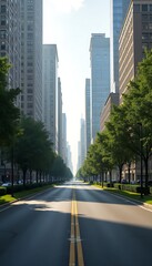 Naklejka premium Generative AI Cityscape Serenity Tree Lined Avenue Between Skyscrapers