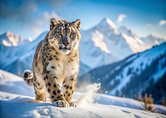 Obraz premium Majestic Snow Leopard in Winter Wonderland: A Candid Snow Scene