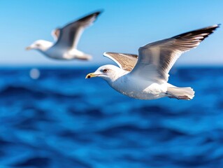 Two seagulls soaring gracefully over the clear blue ocean waves.