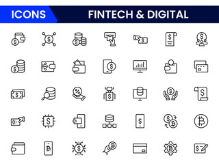 Fintech & Digital Icons vector illustrations with thin lines contain digital banking, mobile payments, cloud tech, robotics, digital wallet, SAAS, app, neo bank, crowdfunding, financial innovation.