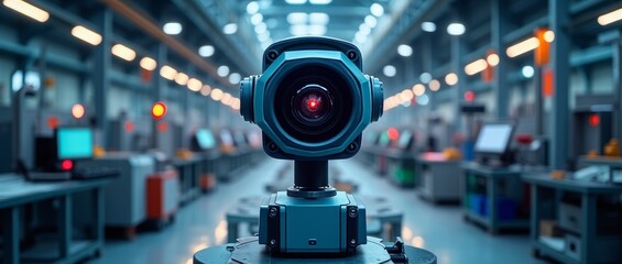 A camera with a lens and a blue-green body, mounted on a stand in a factory setting