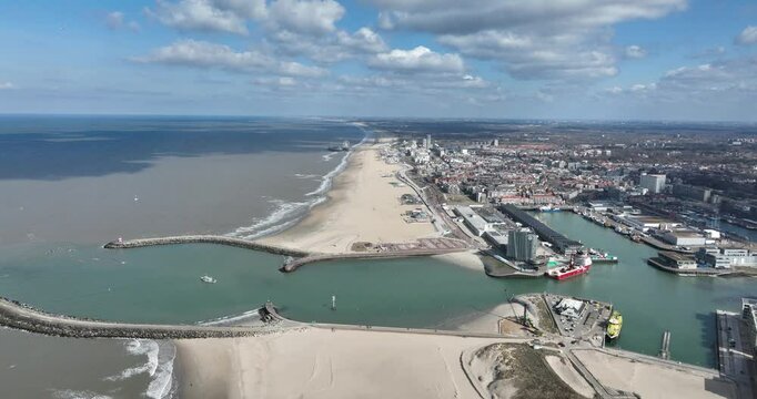 Port entrance of the Schevening, The Hague port. The Netherlands. Aerial view.