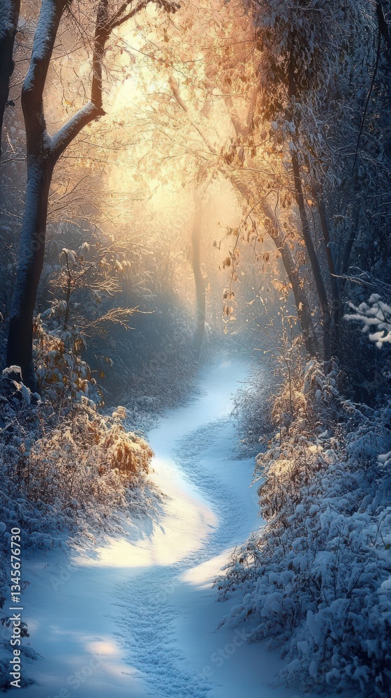 Aufkleber snowy trail winding through a serene forest at dawn with golden sunlight filtering through the trees
