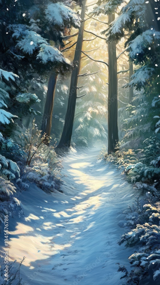 Aufkleber snowy trail winds through a serene forest surrounded by tall trees and soft sunlight filtering throu