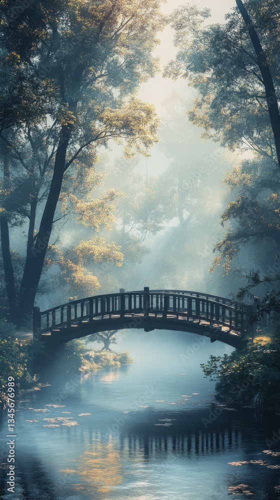 Poster Bridge surrounded by misty trees over a serene river at dawn in a tranquil forest setting