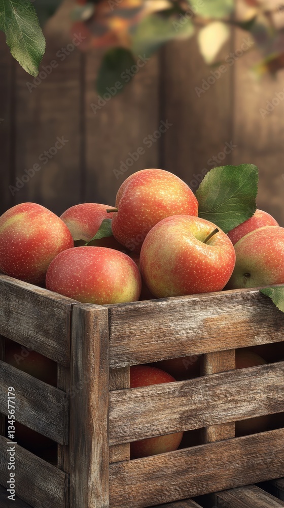 Poster close-up view of a wooden crate filled with freshly picked red apples under soft natural light