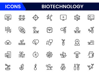  Biotechnology line icons. Includes icons for scientific, innovation, scientist, experiment, microscope, interaction, science. Minimalis  vector icon and illustration.