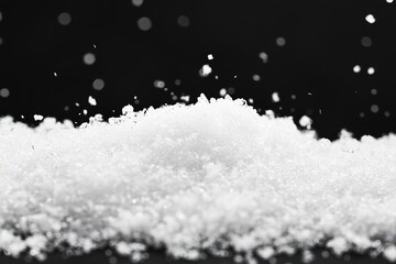 Sparkling Snowdrift Winter Texture, Close-up, Black Background, Falling Snow