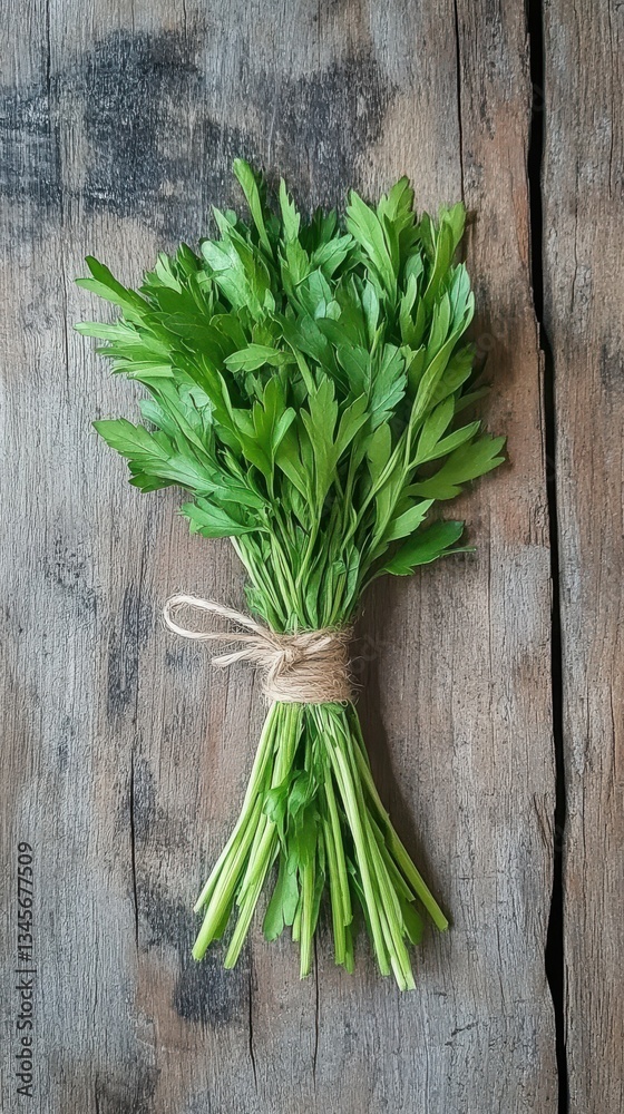 Poster close-up view of a freshly harvested bunch of parsley tied with rope on rustic wooden surface