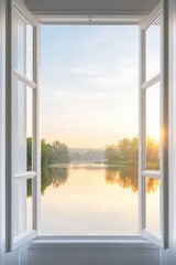 Fototapeta premium Serene Sunrise View Through Open Window Over Calm Water Landscape