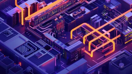 Isometric HPC facility showcasing power distribution and cooling systems via x-ray style watermarks in vibrant purple and orange hues.