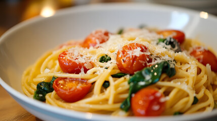 A spinach and roasted tomato pasta with garlic and parmesan cheese.