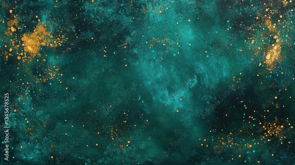 Aufkleber Vibrant teal background with golden sparkles creating an enchanting and mesmerizing visual effect in an artistic style