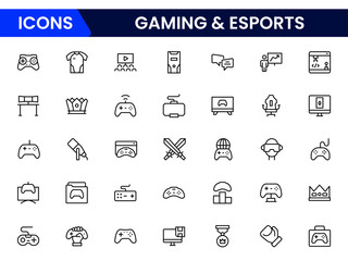  Gaming and esports line icons related to video games, gaming, technology, gadgets, and sports. Vector illustration.