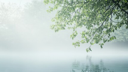 Obraz premium Misty River Scene with Green Leaves and Calm Water Reflection