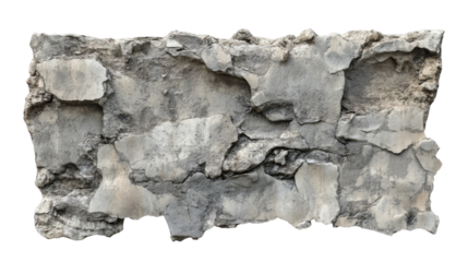 Damaged concrete wall section with transparent background representing destruction
