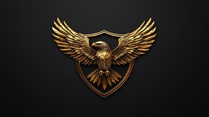 Golden eagle shield logo, dark background, 3D render, corporate identity