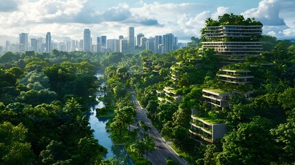 Obraz premium A bustling city skyline with towering skyscrapers rising above a densely forested landscape showcasing the of urban development and natural environments