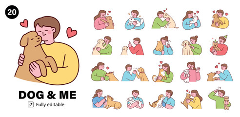 A collection of 20 vector illustrations depicting people interacting with their pets, including dogs and cats. Perfect for pet-related content, advertisements, and social media.