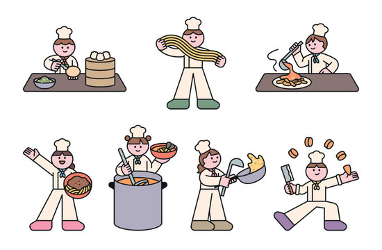 A set of vector illustrations featuring cute chefs preparing various dishes, including dumplings, noodles, and soups. Perfect for food-related content, restaurants, and culinary designs.