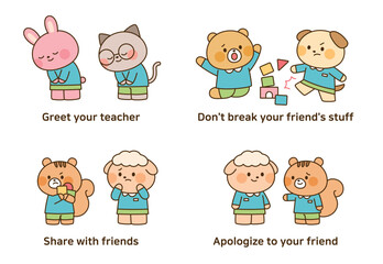 A cute vector illustration of kindergarten animal characters learning good manners and classroom rules, such as greeting, sharing, and apologizing. Perfect for children's education and social skills 