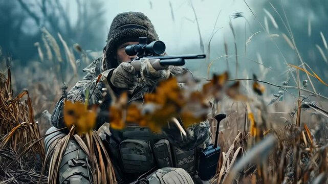 Expert marksman takes aim in a dense field during dawn hours showcasing precision and focus for hunting preparation