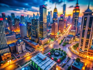 Fototapeta premium Miniature Cityscape: Tilt-Shift Downtown Display