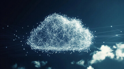  a cloud made of wireframe sphere on dark background, abstract geometric polygonal object with lines and dots connected, HD 8K wallpaper Stock Photographic Image