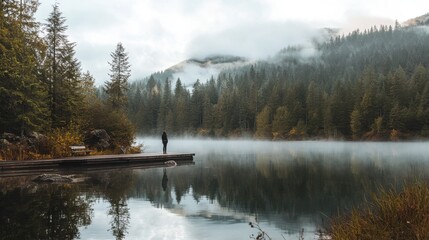 Fototapeta premium Person stands on a pier surrounded by misty mountains and calm waters at an early morning lake