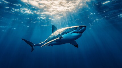 Fototapeta premium Oceanic Great White Shark Sunlight Underwater