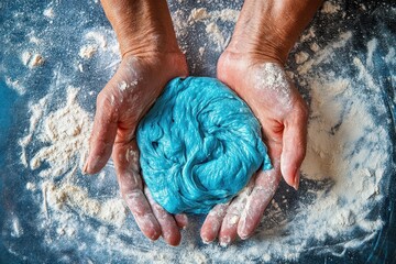 Hands hold blue dough on a floured surface, top view. Showcase food preparation or a creative cooking project.
