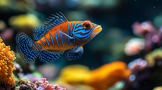 Stunning Harlequin Tuskfish patrolling a colorful coral reef its vivid blue and orange stripes shining against the marine backdrop