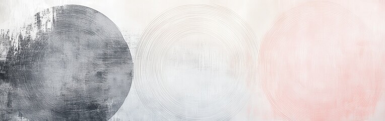 Minimalist artwork features blurred pencil strokes creating soft circular forms in subtle hues of gray, white, and pink