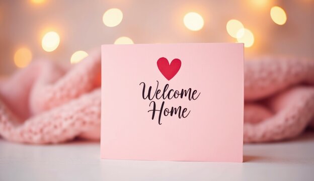 Welcome Home card with love heart on soft pink background