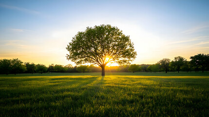 Fototapeta premium Single Tree Silhouetted Against a Sunset with Golden Sunlight Illuminating a Green Field of Grass