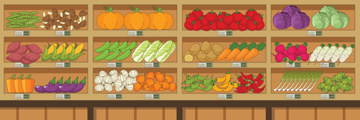 Cute and nice design of vegetables shop with furniture and interior objects vector design
