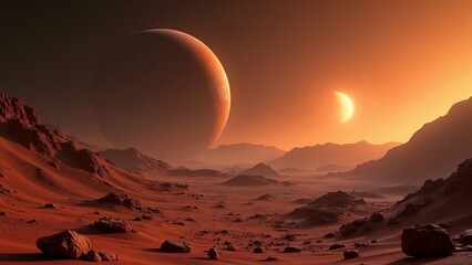 A barren, rocky landscape with a distant planet and sun