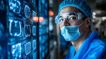 A focused surgeon wearing a surgical mask and scrubs preparing for an operation in a sterile medical environment