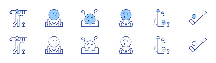 Golf icon set in two styles, Duotone and Thin Line style. Editable stroke. golfer, golf ball, golf bag, golf