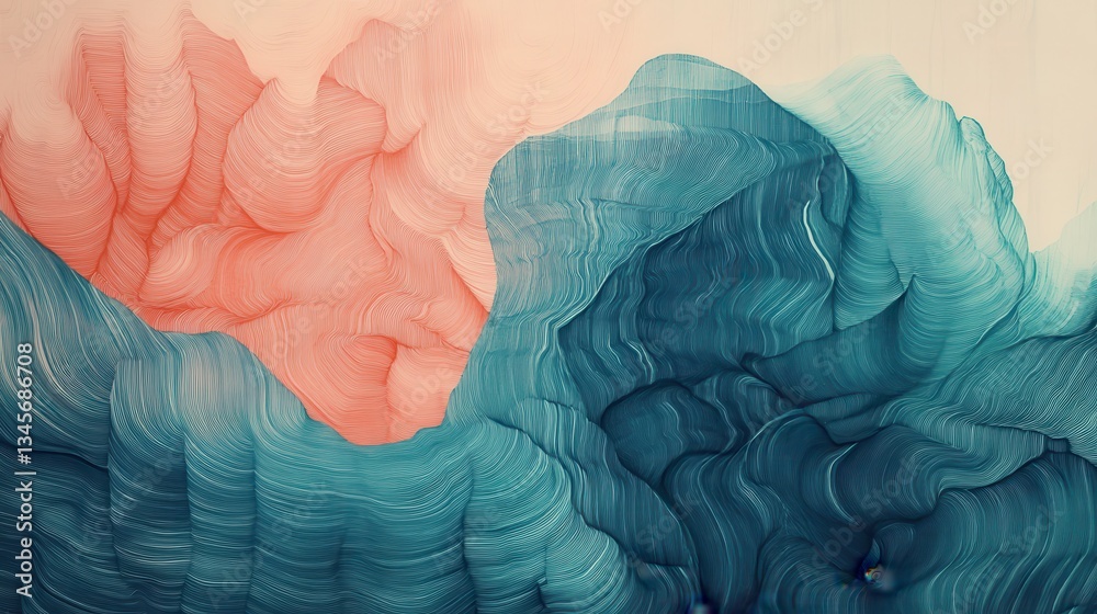 Poster Faint pencil strokes create an abstract design featuring large waves of red and blue intertwining in a fluid motion