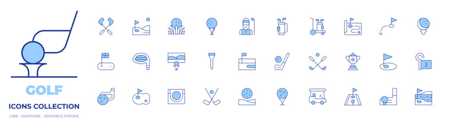 Golf icons collection. Line Duotone style, editable stroke. iron, bunker, golf field, golf hole, golf caddy, golf, driver, tee, flag, golf course, golf cart, map