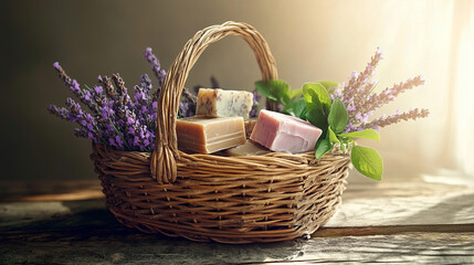 The image showcases a beautifully arranged wicker basket filled with various artisanal soap bars and clusters of lavender flowers. The basket, complemented by fresh greenery, is set against a soft, wa