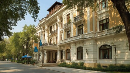 Fototapeta premium Grand Yellow Building with White Accents and Lush Green Trees